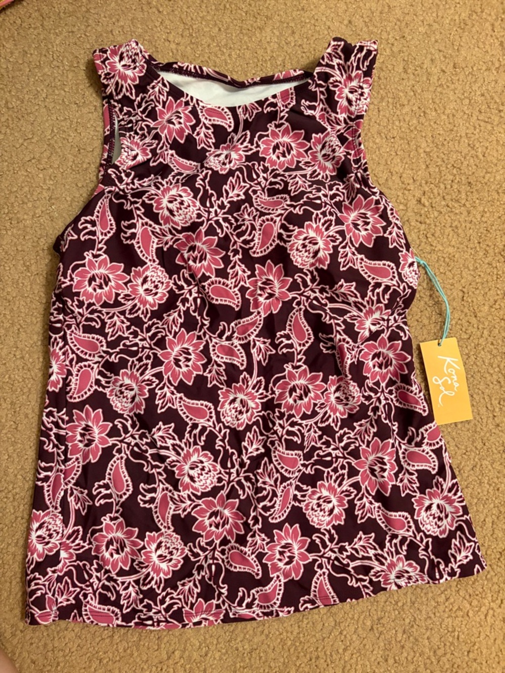 Kona Sol Pink Floral Swim Tankini Top - Burgundy Background
